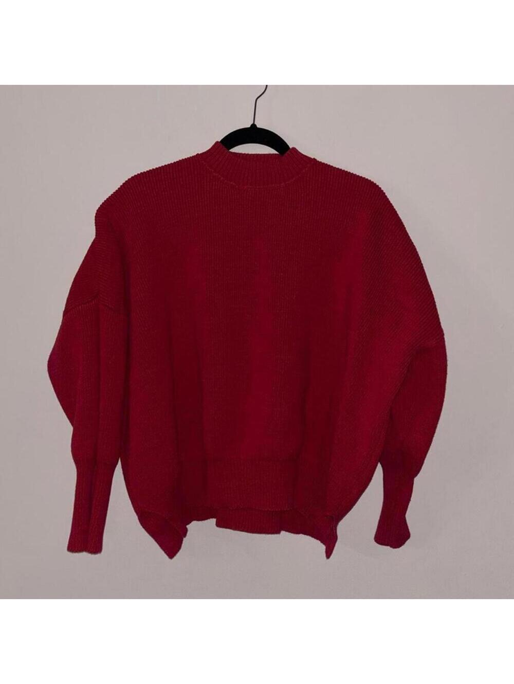 Signature 8 Red Boxy Cotton Blend Sweater Mock Neck Bubble Sleeve